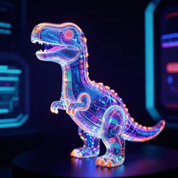 portrait of a plasma energy tron murano candy glass dinosaur. made up of glowing swirling electric pixels. tron world background. photo still by annie liebowitz