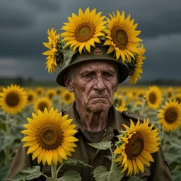 old soldiers head being overgrown by sunflowers, Minsk in background, dark, eerie, despair, portrait photography, artstation, digital art, adward winning, concept art, artstation, highly detailed, sharp focus, by caravaggio