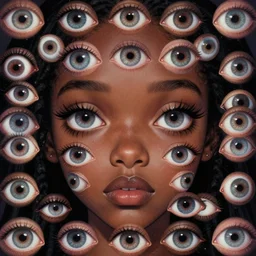 eyes!! a black girl with many eyes!, surreal art by colin christian and junji ito, trypophobia! eyes, symmetry, eyes everywhere, symmetry!
