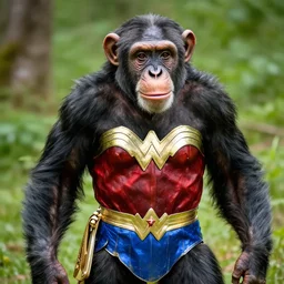 photos of a Chimpanzee dressed as Wonder Woman. Photography in the style of National Geographic, photorealistic