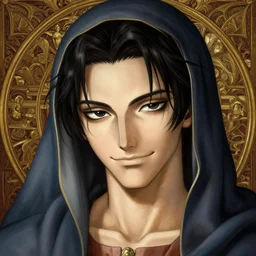 portrait of gon!! hunter hunter!! male!! sharp jaw black irises narrow eyes black hair swept back smirk dark medium length hair, anime, fantasy, intricate, highly detailed, digital painting, artstation, concept art, matte, sharp focus, illustration, art by artgerm wlop greg rutkowski and alphonse mucha, madonna