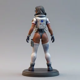 80mm resin detailed miniature of a Female astronaut , black female, clothed in astrology suit, glasses , very muscular, black hair, beautiful bone structure, symmetrical facial features, Product Introduction Photos, 4K, Full body, view from behind
