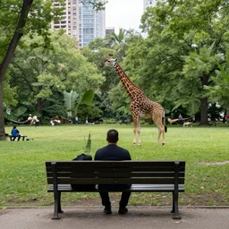 A man sitting on a park bench in a city taken over by wildlife
