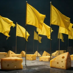 cheese revolution, yellow flags, by cedric peyravernay, by simon stalenhag, cinematic, dramatic lighting, excellent composition, trending on artstation