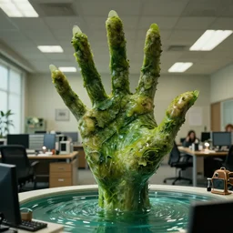 the strange giant creature hand in the office, made of Chlorophyll and water, film still from the movie directed by Denis Villeneuve with art direction by Salvador Dalí