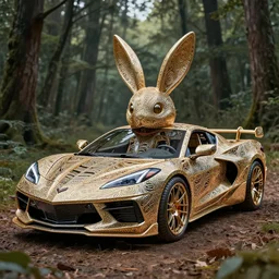 chrome bunny made of corvette parts in the forest :: ornate, dynamic, particulate, intricate, elegant, highly detailed, centered, artstation, smooth, sharp focus, octane render