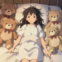 topdown digital advanced anime art, girl laying in bed surrounded by teddybears in the style of Makoto Shinkai —N 9 —h 640 —w 480