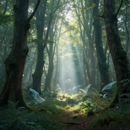 fairy forest, wisps, landscape, magical, surreal, light shafts, light diffusion, heaven, oasis