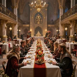 vikings celebrate in a luxurious dining hall 1 5 th century, vibrant colors, epic cinematic hyperrealism masterpiece, realistic shaded lighting by craig mallismo, artgerm, jeremy lipkin and michael garmash and hans zatzka, unreal engine, radiant light, detailed and complex environment, digital art, art station trends