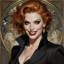 “ daria strokous as james bond villainess with evil grin, intricate, elegant, highly detailed, digital painting, artstation, concept art, smooth, sharp focus, illustration, art by artgerm and greg rutkowski and alphonse mucha ”