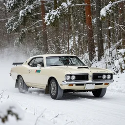 a 1 9 7 0 mercury cougar eliminator, racing through a rally stage in a snowy forest