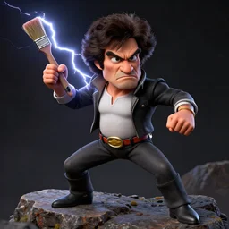 bob ross as a superhero, standing on rocky ground, angry expression, detailed face, lightning behind, dark background, action pose, holding a paintbrush, ultra - detailed, ultra - detailed, intricate, detailed shadows and textures, 8 k, action pose, art by beksinski