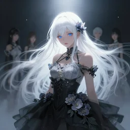 girl with white hair and black skirt, flower decorations, dreamy, beautiful illustration, scifi, atmosphere, top lighting, blue eyes, focused, perfect composition, artstation, highly detailed, art by yuhong ding and chengwei pan and serafleur and ina wong