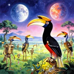 Enormous hornbill-headed Thoth droids overseeing human habitation of a beautiful planet with vast trees and massive moons looming in psychedelic skies in a distant galaxy. Moebius, Noah Bradley, hiroshi yoshida, Dan mcpharlin, Peter Mohrbacher, Druillet, epic composition, sparkling light, vivid,bright