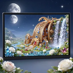 call the prime land from the yeast sapphire, ruby, crystal, white rose, illustration, fantasy, exquisite, ultra wide viewing angle, cg rendering, 3 d, machinery, moon, sky and stars, waterfalls - hd ar 9 : 1 6 - zoom in