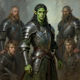 medieval, attractive long dark haired elf male with green skin, character design, armor, painting by greg rutkowski gaston bussiere, craig mullins, j. c. leyendecker, tom of finland
