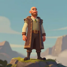 king of the wonderland stands brave on a mountain, balded head and short beard, artstation