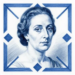 Close-up of her majesty, pencil drawing. El Greco, Remedios Varo, Salvador Dali, Carl Gustav Carus, John Atkinson Grimshaw. Blue tint. Symetrical, logo, geometric shapes.