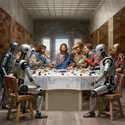 robots sitting at a table in the style of the last supper, sci - fi, detailed, smooth, beautiful composition, masterpiece, artstation, by michelangelo and da vinci