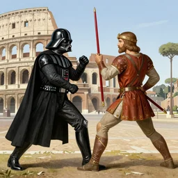 Medieval painting of Darth Vader fighting in Rome