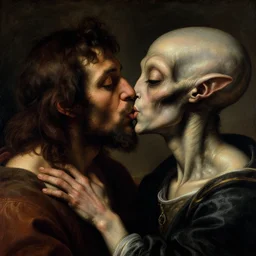 closeup portrait of alien kissing prehistoric caveman, lucid dream - like heavy atmosphere, baroque painting, harsh flash photo, perfect composition, detailed octane render trending on artstation, 8 k artistic photography, volumetric cinematic perfect light, chiaroscuro, masterpiece, raphael, caravaggio, beksinski, rutkowski, beeple