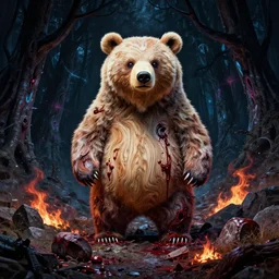 high resolution 4 k goru, blood, furry bears horror made in abyss design bizarre design body a field of cool colors shading war bloody war wounded country bears rock afire explosion billy bob dark forest fractal light through canopy made in abyss narhate bears fluffy cute deformed black sky ziricote ivory brazilian rosewoodart in the style of akihito tsukushi