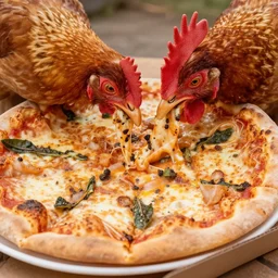 a realistic photo of a chicken eating a big pizza