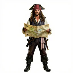 braided-hair pirate with treasure map, high detail digital art, full body, standing, isolated on a pure white background, centered, whole figure in frame, sharp focus, studio lighting