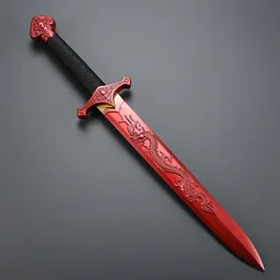 one decorative sword with dragon etching along the red metal blade