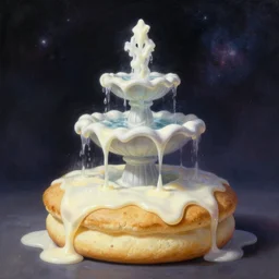 a fountain shaped like a buttermilk biscuit, white gravy is coming out of the fountain, cosmic horror painting, elegant intricate digital painting artstation concept art by mark brooks and brad kunkle detailed