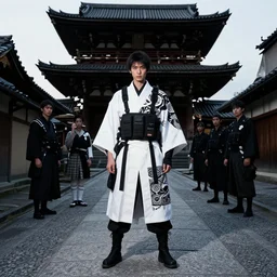 fashion model with white and black ancestral ornate japanese tactical gear standing in an ancient japanese temple, long shot, dark abandoned city streets, by irving penn and storm thorgerson, ren heng, peter elson, alvar aalto