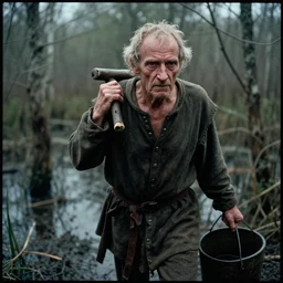 movie still close - up portrait of an skinny old man in medieval clothe carrying a bucket walking in a swamp mud, cinestill 8 0 0 t 3 5 mm eastmancolor, heavy grain, high quality, noir, natural textures, photorealistic, ambient occlusion, hd, ultra wide lens, anamorphic, detailed face