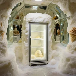 fridge in the middle of a neapolitan ice cream grotto, from 1 9 8 5, made out of ice cream, reflected in mirrors, ice cream in background, low - light photograph, three point perspective, miniature subsurface scattering, photography tyler mitchell