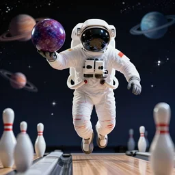 An astronaut holding a bowling ball and playing bowling in space, floating bowling pins, stars and planets background, fantasy digital art, hyper-realistic