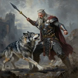 The asgardian one-eyed god Odin using a spear to fight the gray wolf Giant Wolf Fenrir in Ragnarök, majestic, high-detail, realism, painting by Andreas_Rocha,