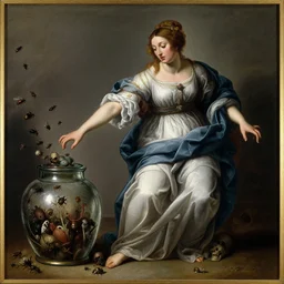 a painting of pandora opening her jar, releasing insects and critters that impersonate sickness and death, misery, she is fully dressed in robes in the style of realism and a masterpiece by artemisia gentileschi