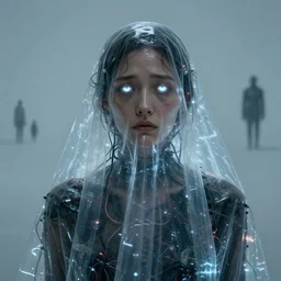 portrait of a sad woman, covered in transparent cloth, plastic, glowing eyes, flat background, masterpiece, glowing, wires everywhere, by edgar maxence and ross tran, zdzisław beksinski, and michael whelan, distant, gustav dore, h. r. giger, 8 k, octane render