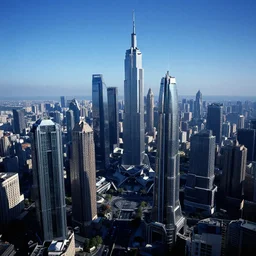 aerial view of futuristic cyberpunk city, daylight, blue sky, cinematic lighting, blue sky, syd mead, john harris
