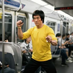 bruce lee demonstrates using his nunchucks while riding a subway train