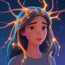 hyperrealistic portrait of of a girl with neurons firing instead of hair by disney concept artists, blunt borders, rule of thirds, vibrant colors, emotional