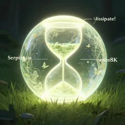 berg strider, teferi’s ageless insight!!!!, serpentine curve!!!, dissipate!!, unwind!, a 8k concept illustration of a large glowing ball, superimposed over an 8k field of grass. The surface of the sphere glows softly in the shape of an hourglass, and has a filigree texture that gives the impression of swirling leaves or butterflies.