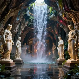 a futuristic hall interior in the style of a waterfall cave, Greek statues, wet floors, high ceiling, dark moody lighting, foggy atmosphere, 10mm lens, bright colors, by Craig Mullins and Denis Villeneuve, octane rendering