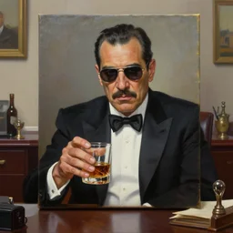 * subject in the center * beautiful oil matte portrait painting : mafia boss. holding a glass of whiskey. at 5 0 s new york office desk. wonderful masterpiece. highly detailed
