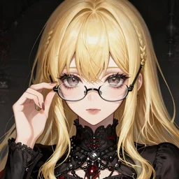 blonde haired gothic magical girl anime character with glasses screenshot, anime, intricate, sharp focus, illustration, highly detailed, digital painting, cell shaded, concept art, matte, art by ilya kuvshinov and kyoto animation and ruan jia and greg rutkowski, masterpiece