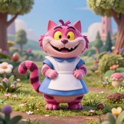 smiling cheshire cat, doll figurine, alice in wonderland theme, octane render 8 k, disney inspired landscape, artstation, cinematic lighting, hd, ultra realistic