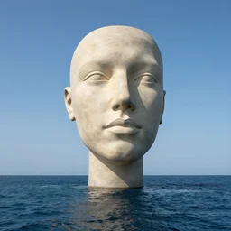 a giant sculpture of an abstract human head on the surface of the ocean, award winning, hyper - realistic, very detailed, realistic water, ray tracing, 8 k resolution, long - shot, sharp focus, low angle, 8 5 mm photograph, wide lens