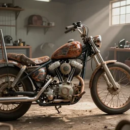 A close up view of a rusty 1950's Harley Davidson chopper in a dusty repair shop, soft lighting, crepuscular rays, realistic octane render, 8k, ultra detailed, concept art
