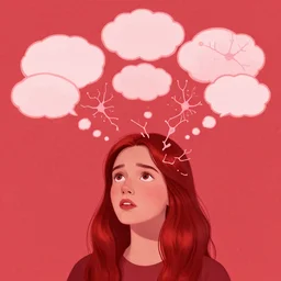 surreal portrait of one girl thought bubbles coming out of her hair. neurons are bursting out of the thought bubbles by disney concept artists, blunt borders, rule of thirds, reds and pinks, emotional