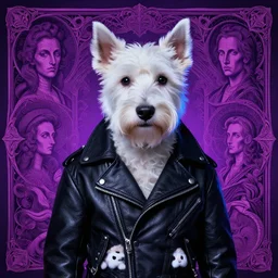 a white terrier dog in a black leather biker jacket, in the style of beksinski, intricate composition, magentaby caravaggio, highly quality, highly detailed, masterpiece, blue light, artstation, portrait by lee jeffries