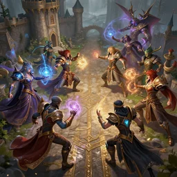 fantasy league of legends characters fight with magic on medieval road near castle, action scene, 8 k, lumen reflections, sharpened, insanely detailed and intricate, hypermaximalist, elegant, ornate, hyper realistic, super detailed, digital art